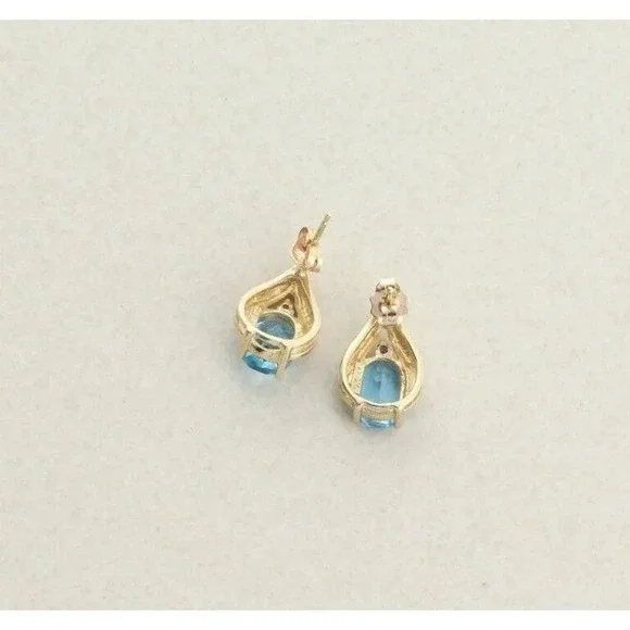 10k Yellow Gold Natural Swiss Blue Topaz and Diamond Earrings Stud Post Earrings